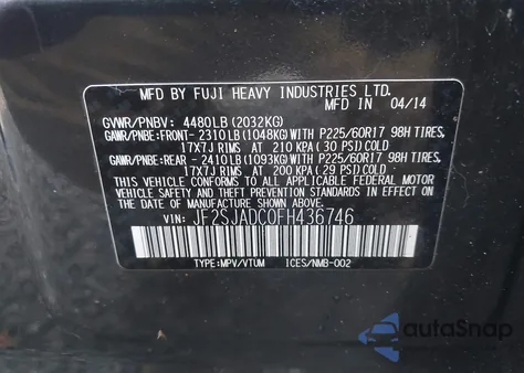 2015 Subaru Forester 2.5I Premium из США, поврежденный, VIN JF2SJADC0FH436746